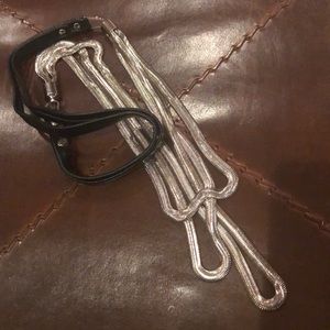 Silvertone & Black Leather 3 Layer Drape Necklace